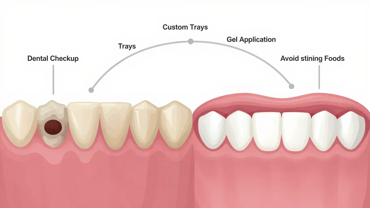 Dvě části zubů: jedny nevyrovnaně bělené, druhé dokonale bílé po správné přípravě.