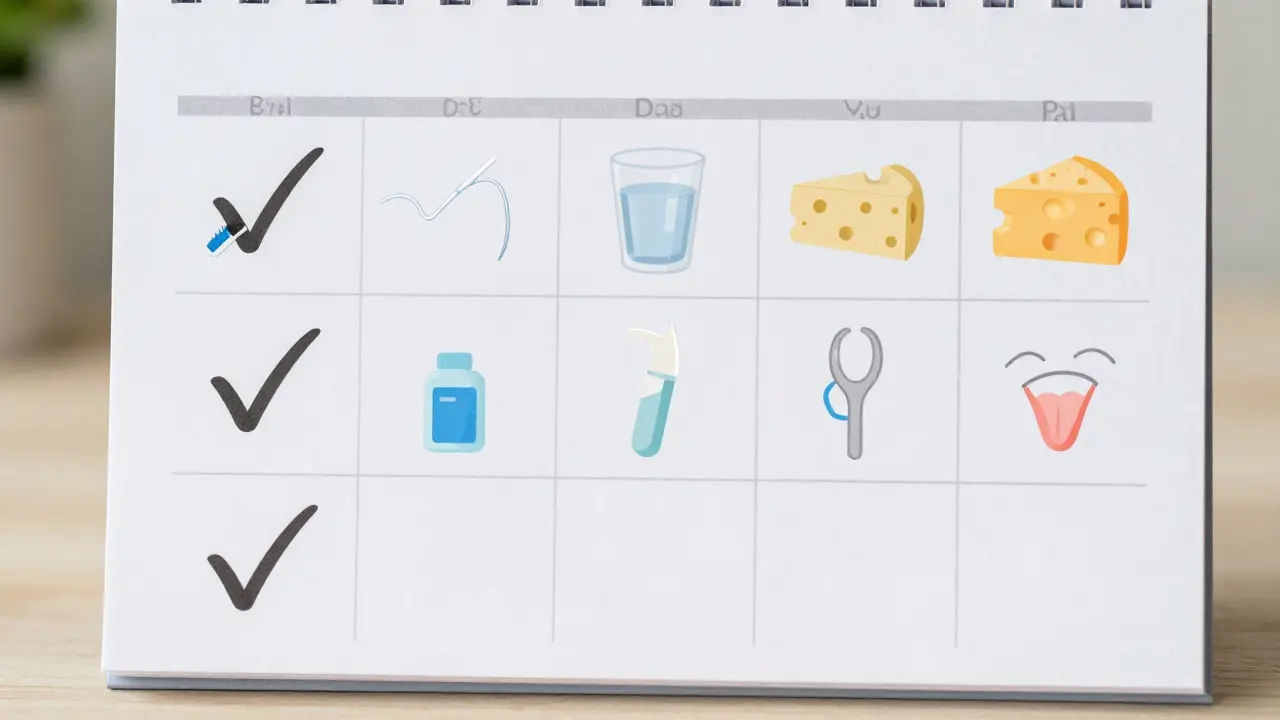 Kalendář s ikonami denní péče o zuby: kartáček, nit, voda, sýr, fluorid a návštěva zubního lékaře.