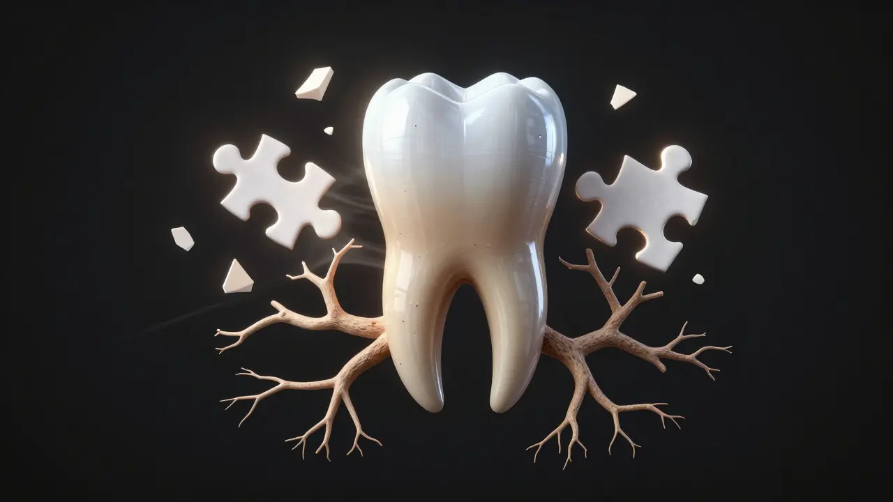 Kořen zubu jako strom, který obnovuje kost a tvoří korunku.