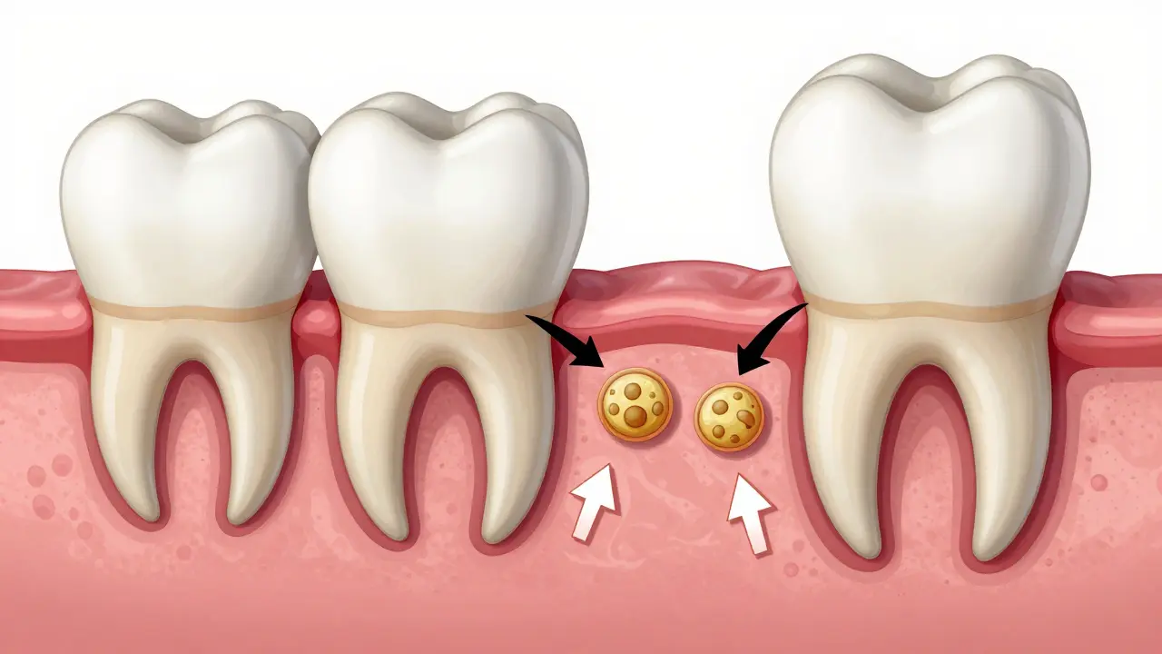 Křížový řez zubu a dásně ukazující tvorbu kamenů a ztrátu kosti způsobenou bakteriemi.