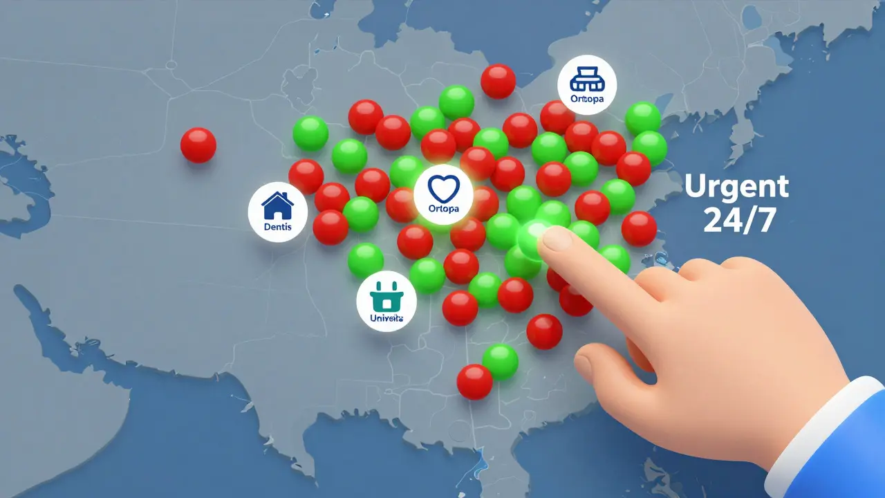 Mapa Prahy s označenými zubními ordinacemi, které přijímají nové pacienty.