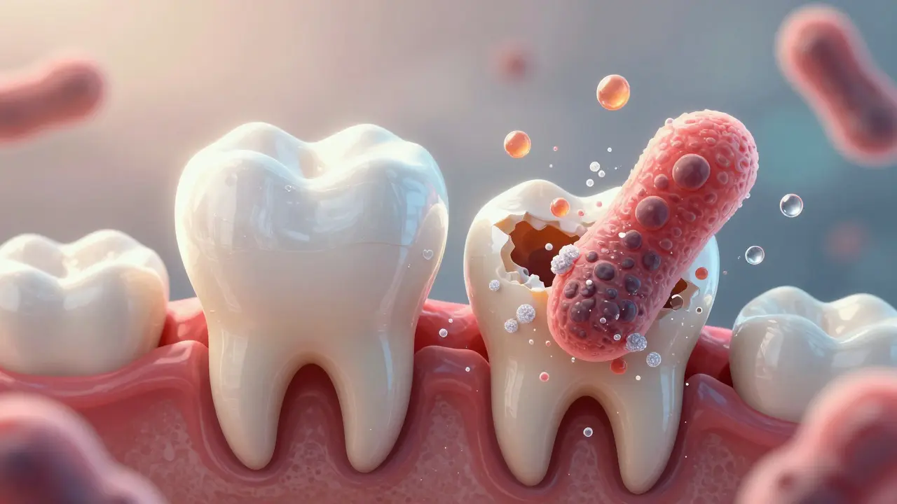 Mikroskopický pohled na zubní sklovinu s bakteriemi a kyselinou napadajícími zub, proti fluoridové ochraně.