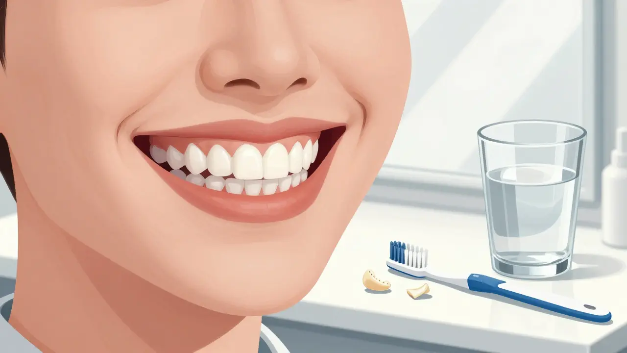 Osoba se směje během fotografování s nalepenými bílými zuby, které vypadají přirozeně.