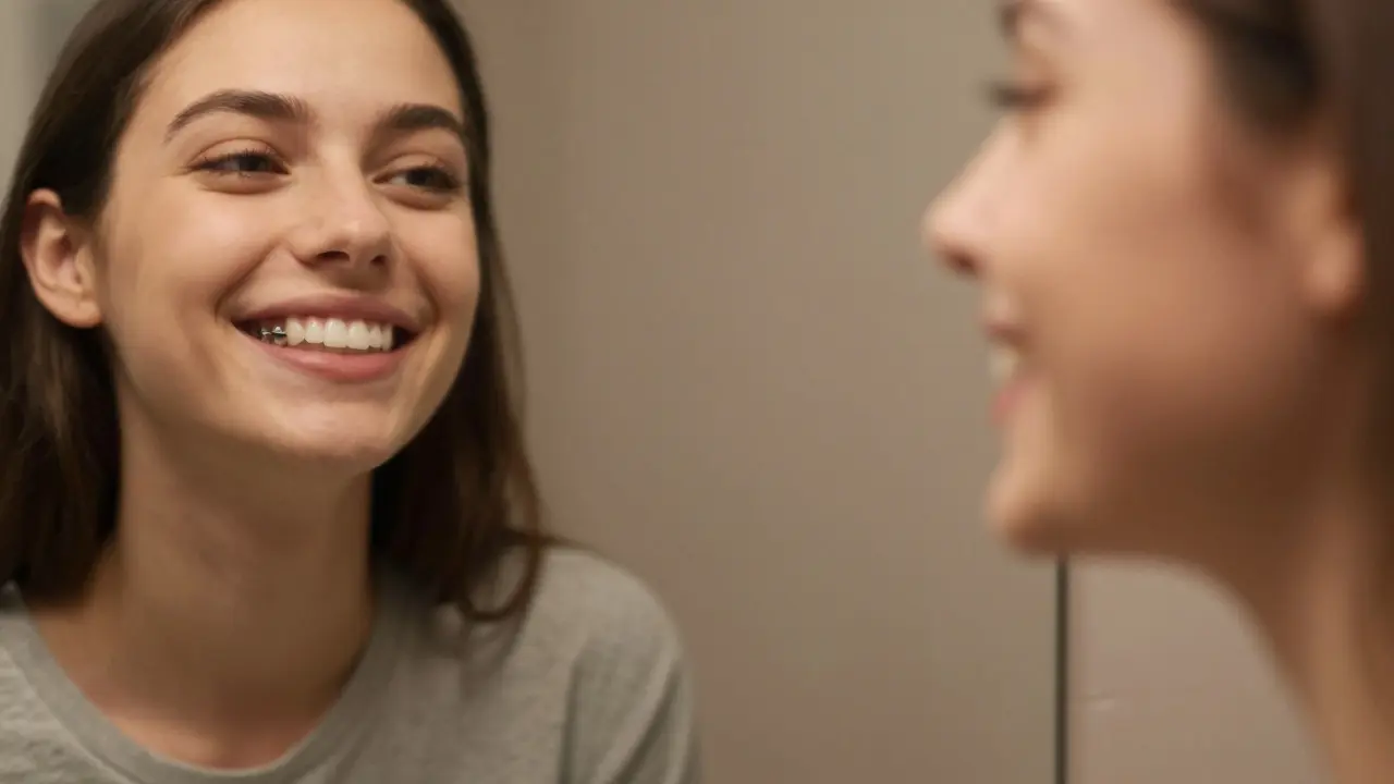 Osoba se směje do zrcadla s přirozeným úsměvem, kde je zubní můstek neviditelný.