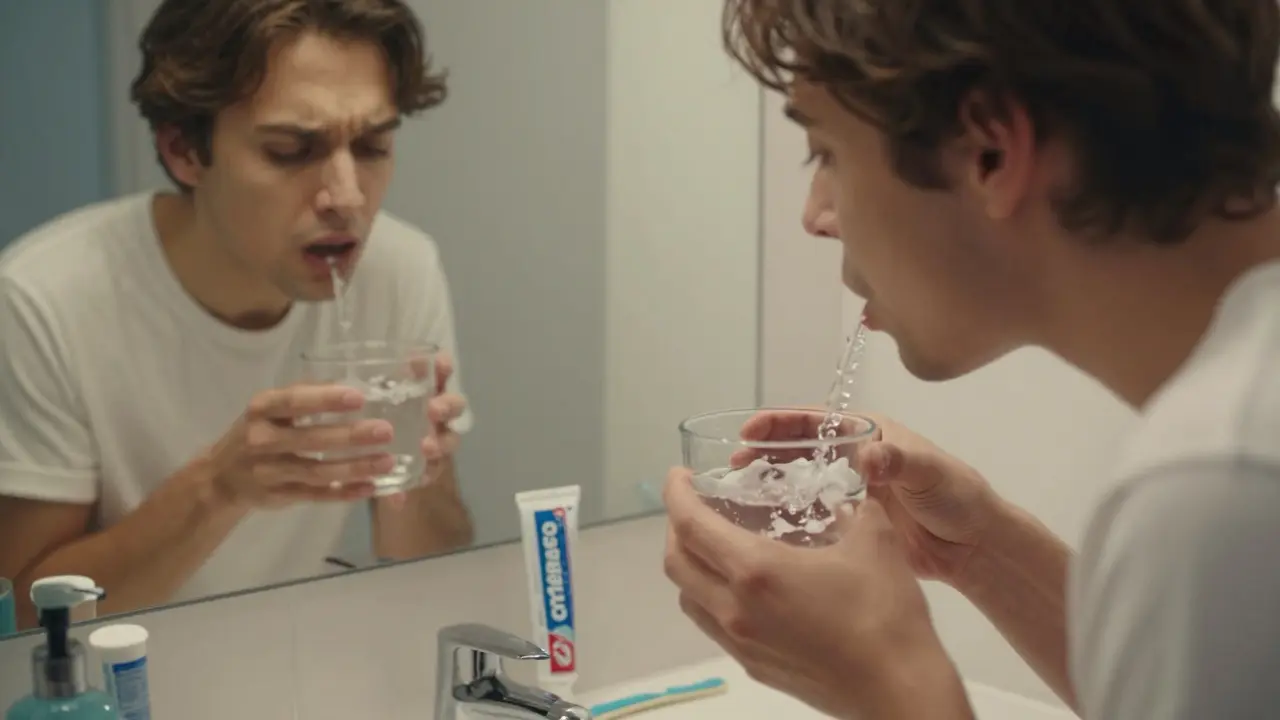 Osoba si vyplachuje ústa teplou solnou vodou před zrcadlem s ortodoncickým kartáčkem.