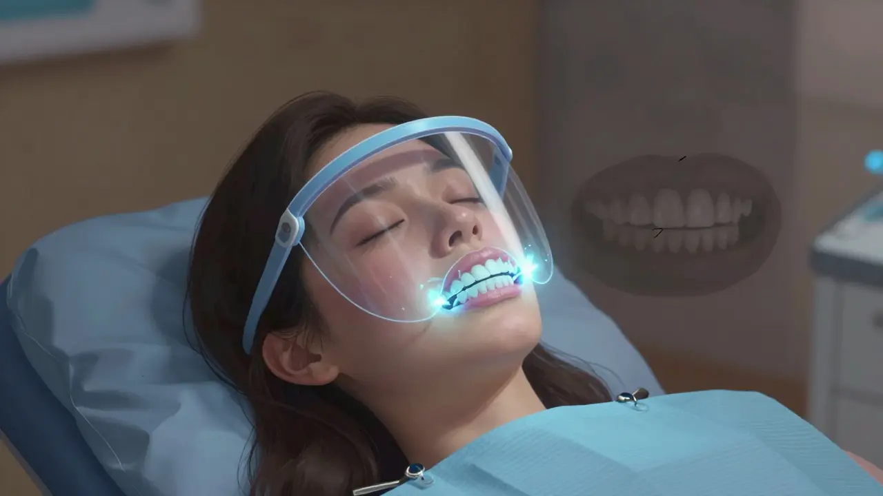 Pacient spí s noční ochrannou štěticí, která chrání zuby před škrábáním.