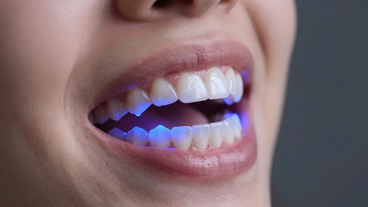 Pohled do úst s vlastními formami na bělení zubů plnými želé, osvětlenými modrým světlem.