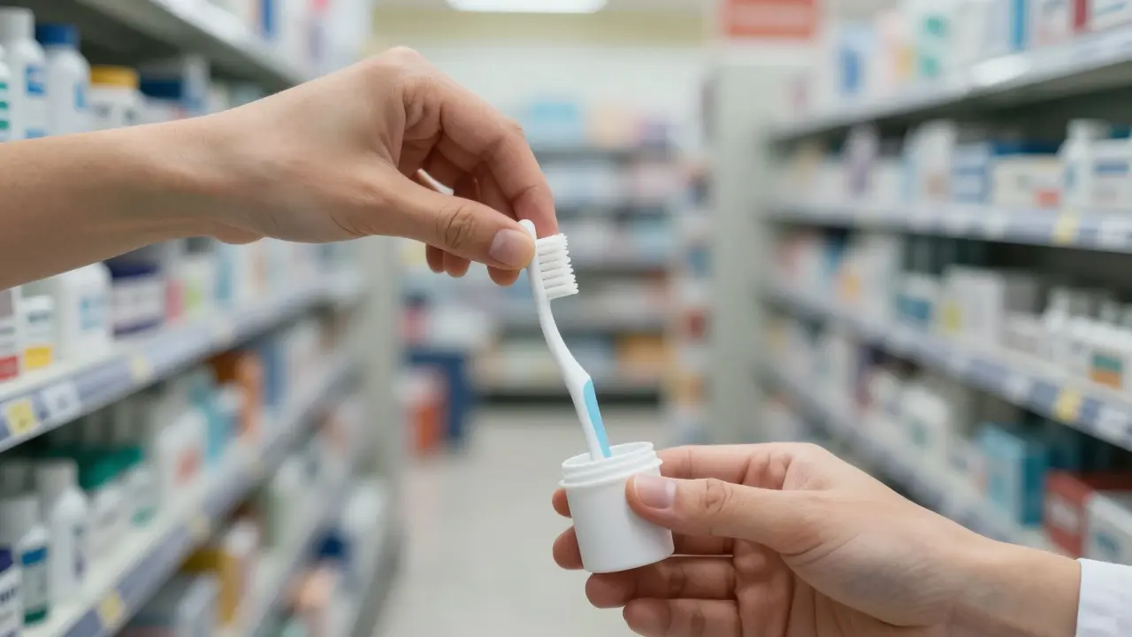 Ruka vkládá mezizubní kartáček do ochranného krytu, za ním rozmazané pozadí lékárny, obchodu a balíčku z internetu.