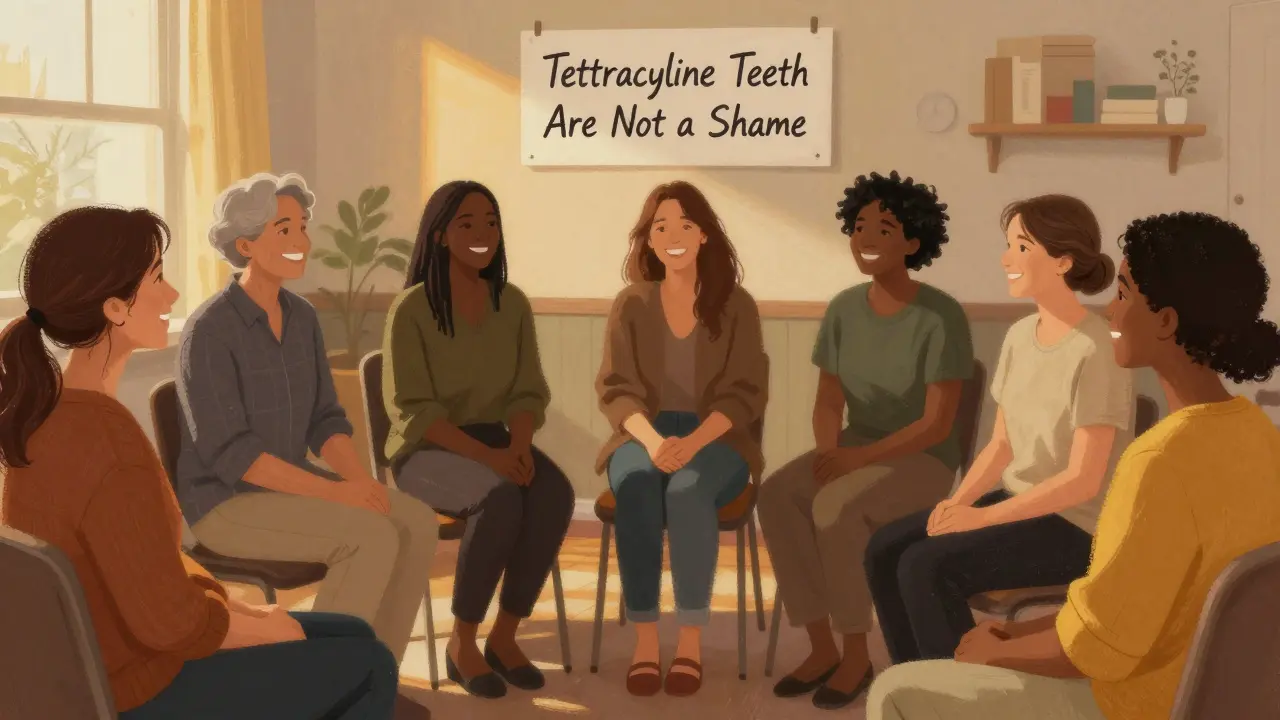 Skupina dospělých se směje v kruhu, někteří mají bílé zuby, jiní přirozeně zabarvené — na zdi je nápis: 'Tetracyklinové zuby nejsou hanbou'.
