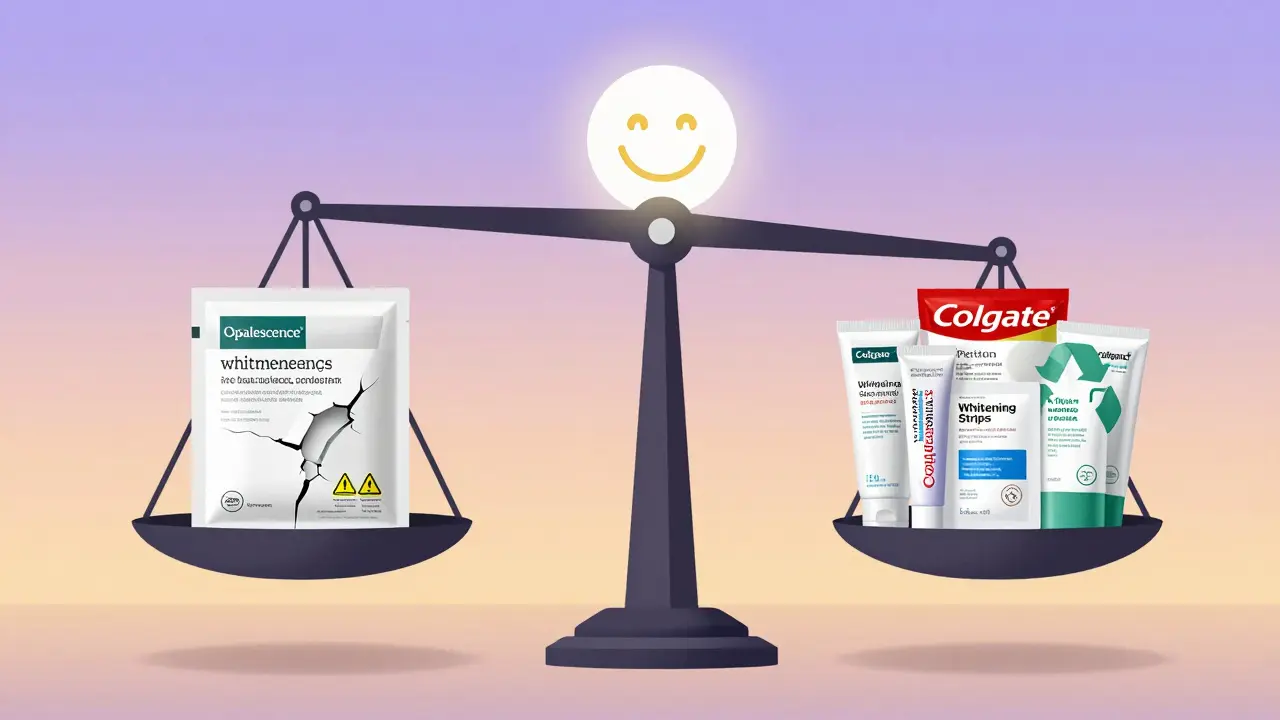 Váha s levnou a kvalitní sadou na bělení zubů, kde kvalita vítězí, s výrazným úsměvem nahoře.