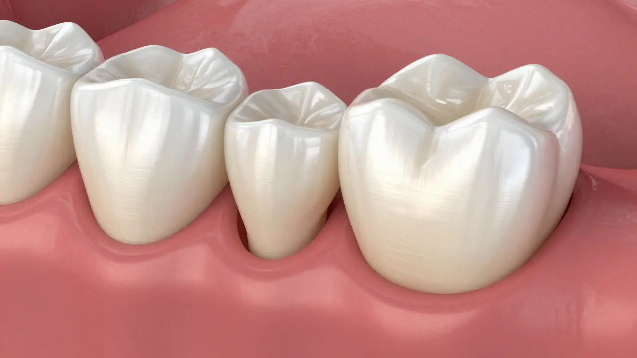 Vnitřní stavba zubního můstku s korunkami a fazetou z zirkoniové keramiky, ukazující přesné přizpůsobení.