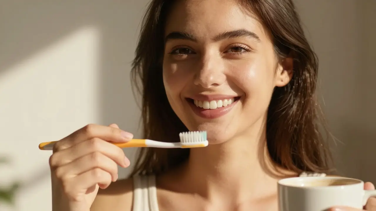 Žena s přirozenými fazetami a jemným kartáčkem v slunečném pokoji.