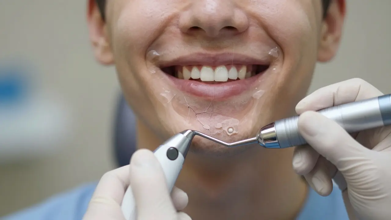 Zubní hygienistka odstraňuje kámen pod dásní ultrazvukovým nástrojem, symbolizující léčbu a prevenci.