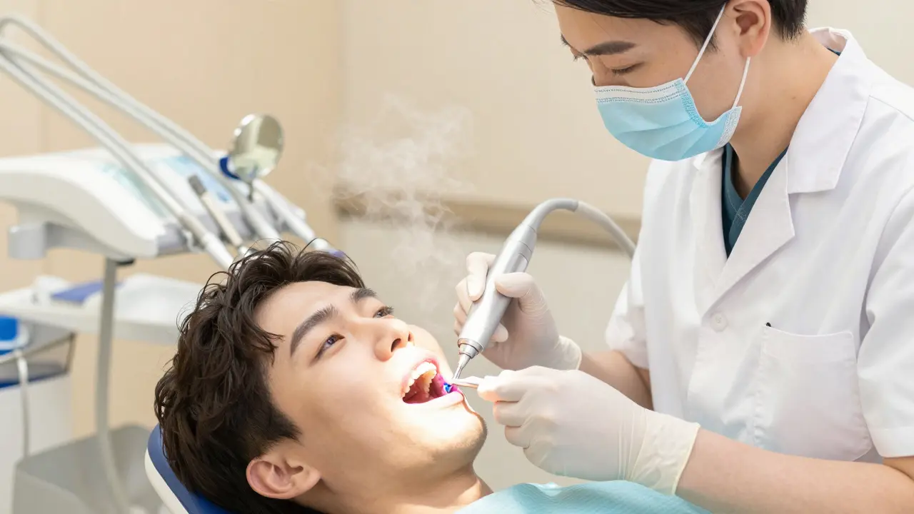 Zubní hygienistka odstraňuje kámen ultrazvukovým skrabem