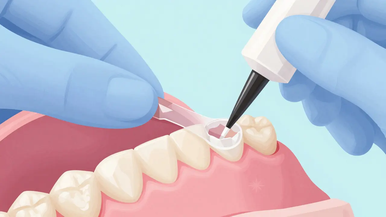 Zubní lékař aplikuje dočasné fazety na připravené zuby.