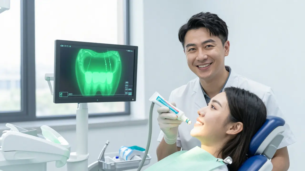 Zubní lékař používá laserovou diagnostiku k odhalení mikroprasklin na zubu.