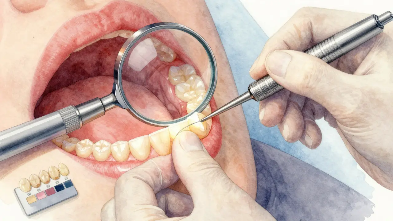 Zubní lékař přilepuje tenkou keramickou fazetu na zub s přesnými nástroji v klinice.