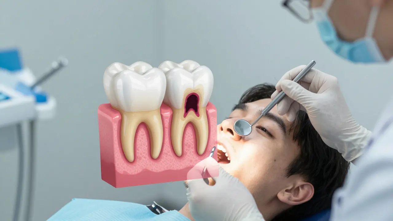 Zubní lékař prohledává zub zrcátkem, zvýrazňuje rozdíl mezi nánosem a poškozením.