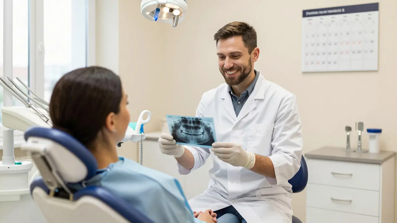 Zubní lékař ukazuje pacientovi rentgen v moderní zubní ordinaci v Praze.