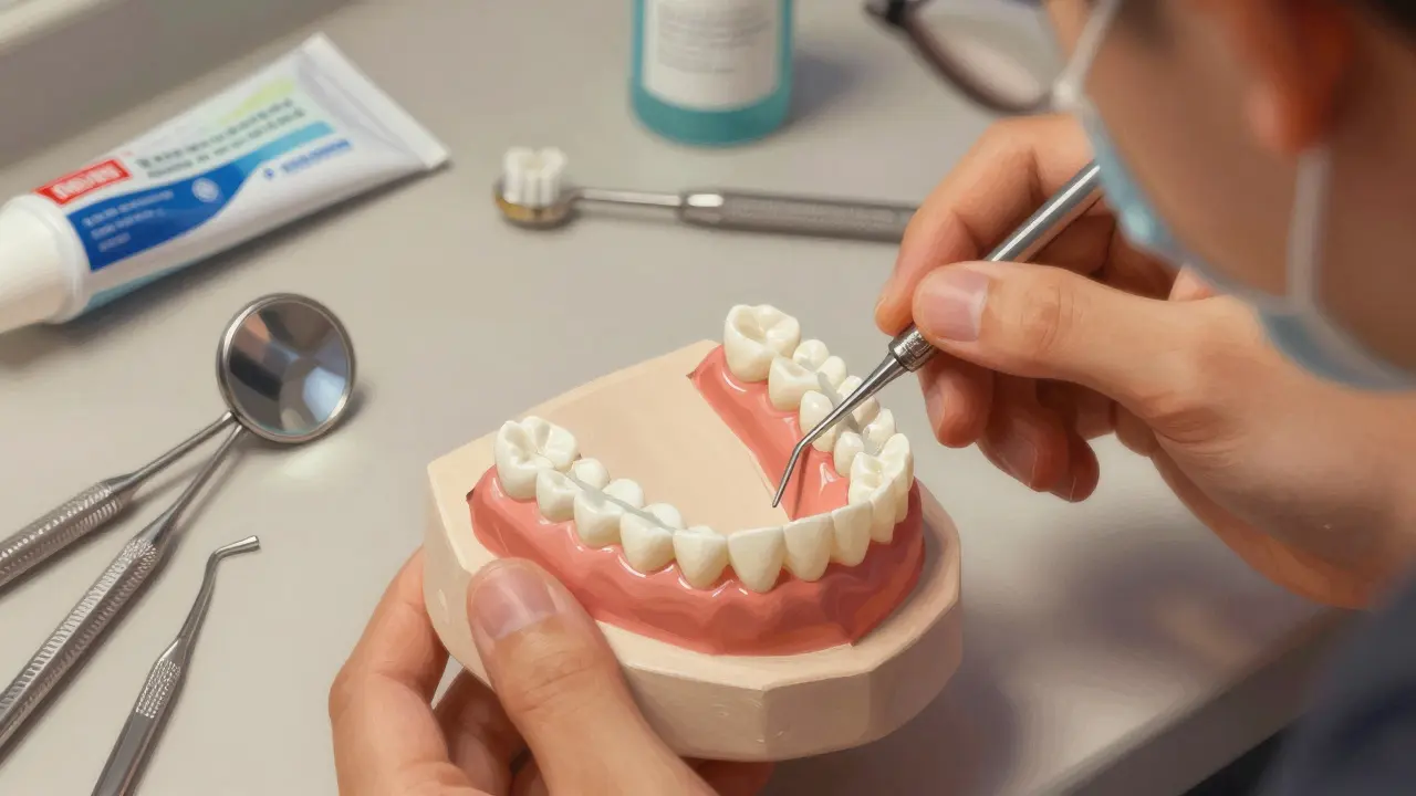 Zubní lékař vyrábí přizpůsobené nápravy z otisku, s gelovými nápravami a zubní pastou.