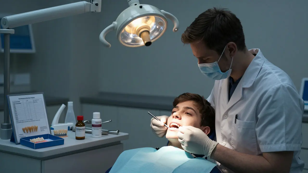 Zubní lékař vyšetřuje teenagerovi zuby v klinice, vedle nich leží krabička s keramickými výplněmi a stará láhev s tetracyklinem.
