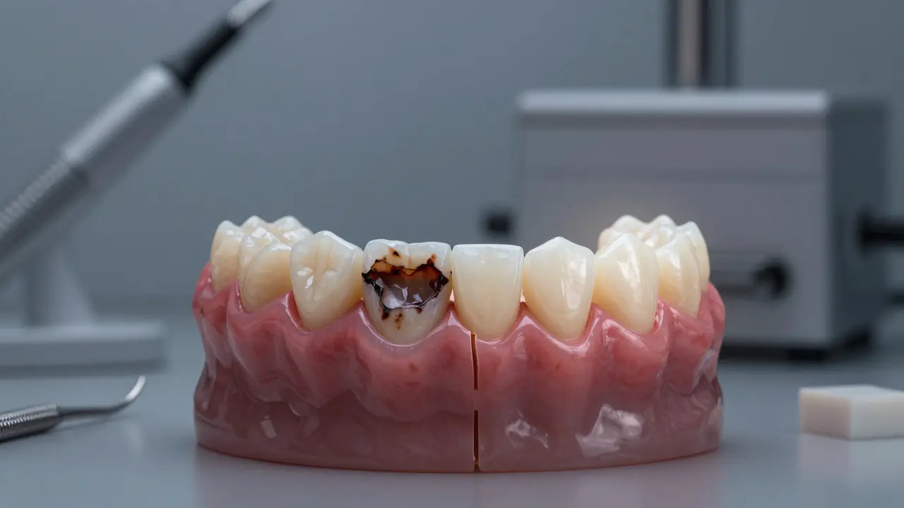 A transformed smile showing decayed tooth versus a restored e-max crown under soft light.