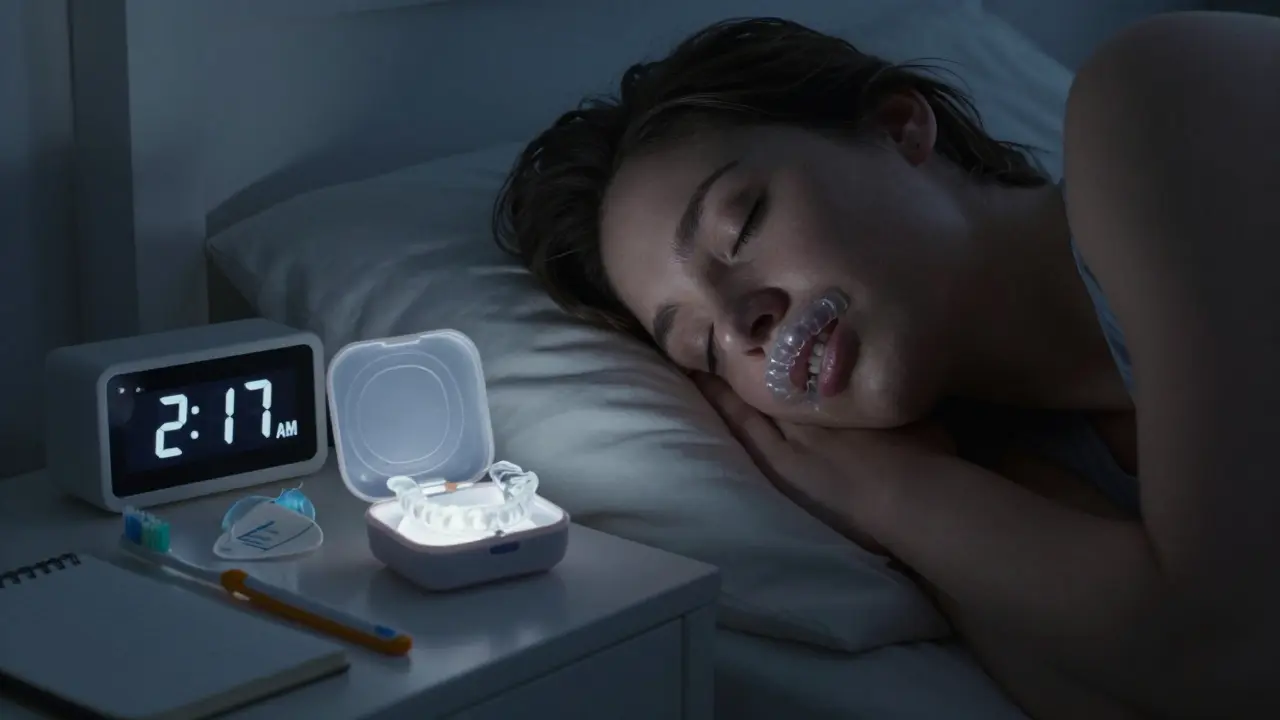 Člověk spí v noci s přehledným rovnátkem, na nočním stolku svítí malá krabička s rovnátkem.