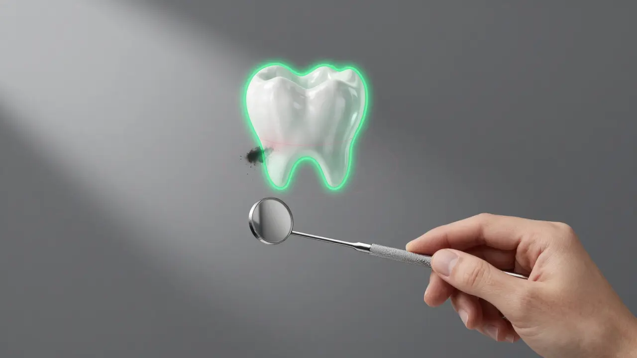 Dentální zrcátko s grafickými značkami kávy a uvolnění pod korunkou, symbolizující domácí kontrolu.