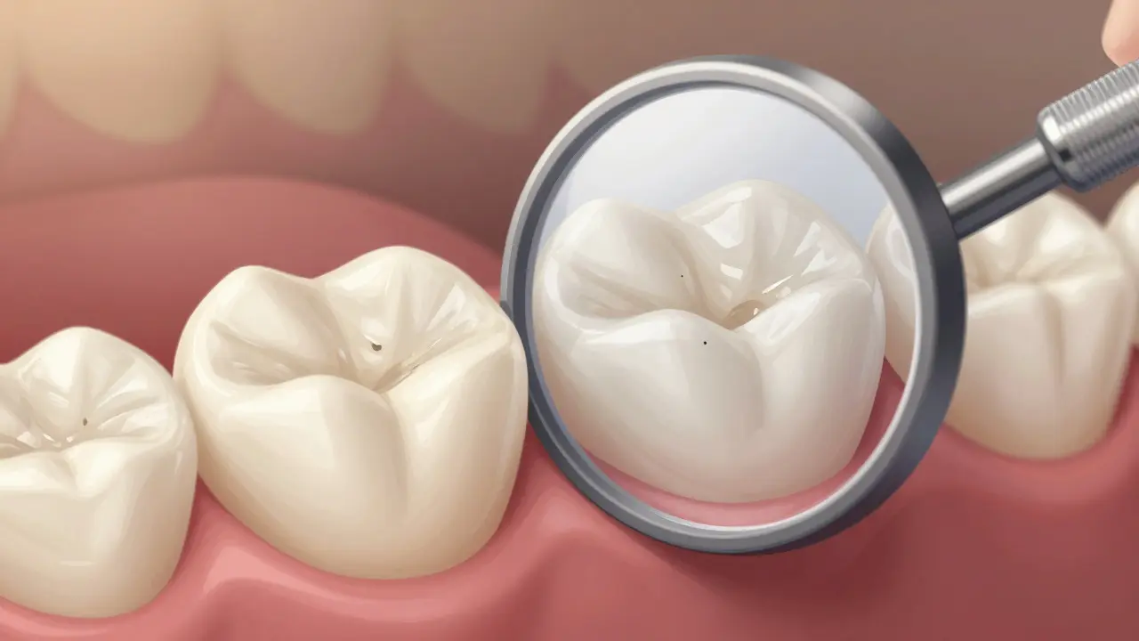 Detailní pohled na korunku a můstek v ústech, viděný přes dentální zrcátko s příznaky kávy a mezery.