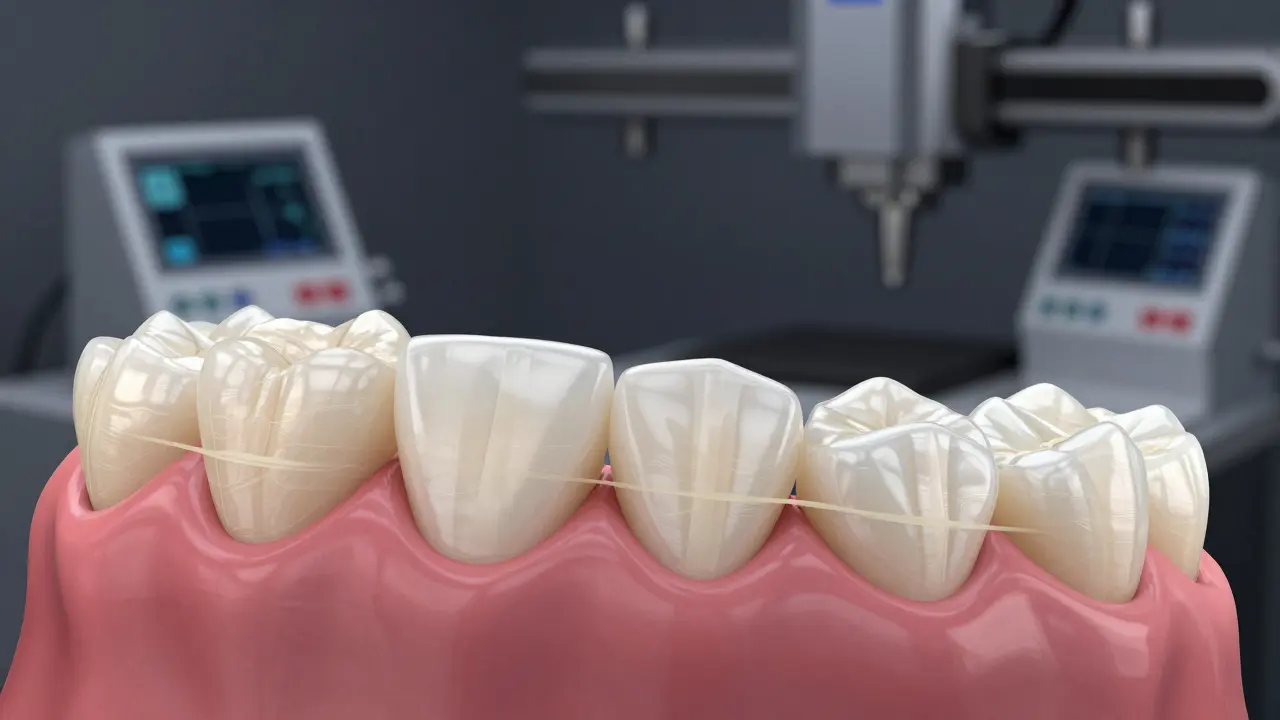 Detailní výřez zubů s tenkými keramickými fazetami přilepenými na sklovinku.