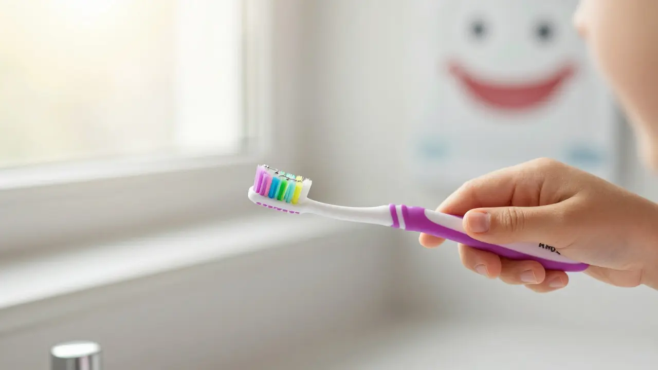 Dítě čistí zuby s ortodontickým aparátem kartáčkem Curaprox Kids, štětiny jemně procházejí dráty.