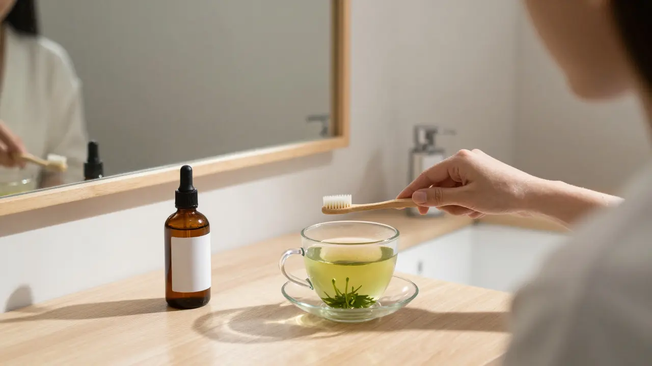 Jemné čištění zubů měkkým kartáčkem s přírodními prostředky na pozadí.