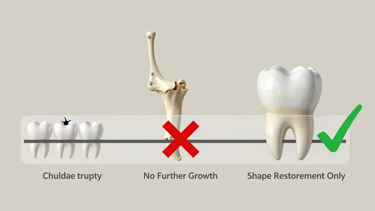 Koncepční obrázek zubu v čase: růst v dětství vs. obnova tvaru u dospělého zubu bez dalšího růstu.
