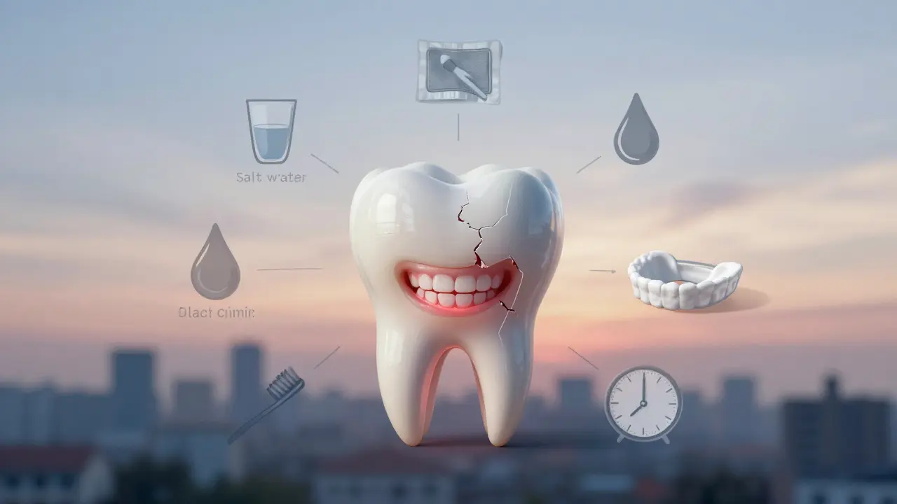 Kontrast zdravého úsměvu a citlivého předního zubu s symboly léčby.