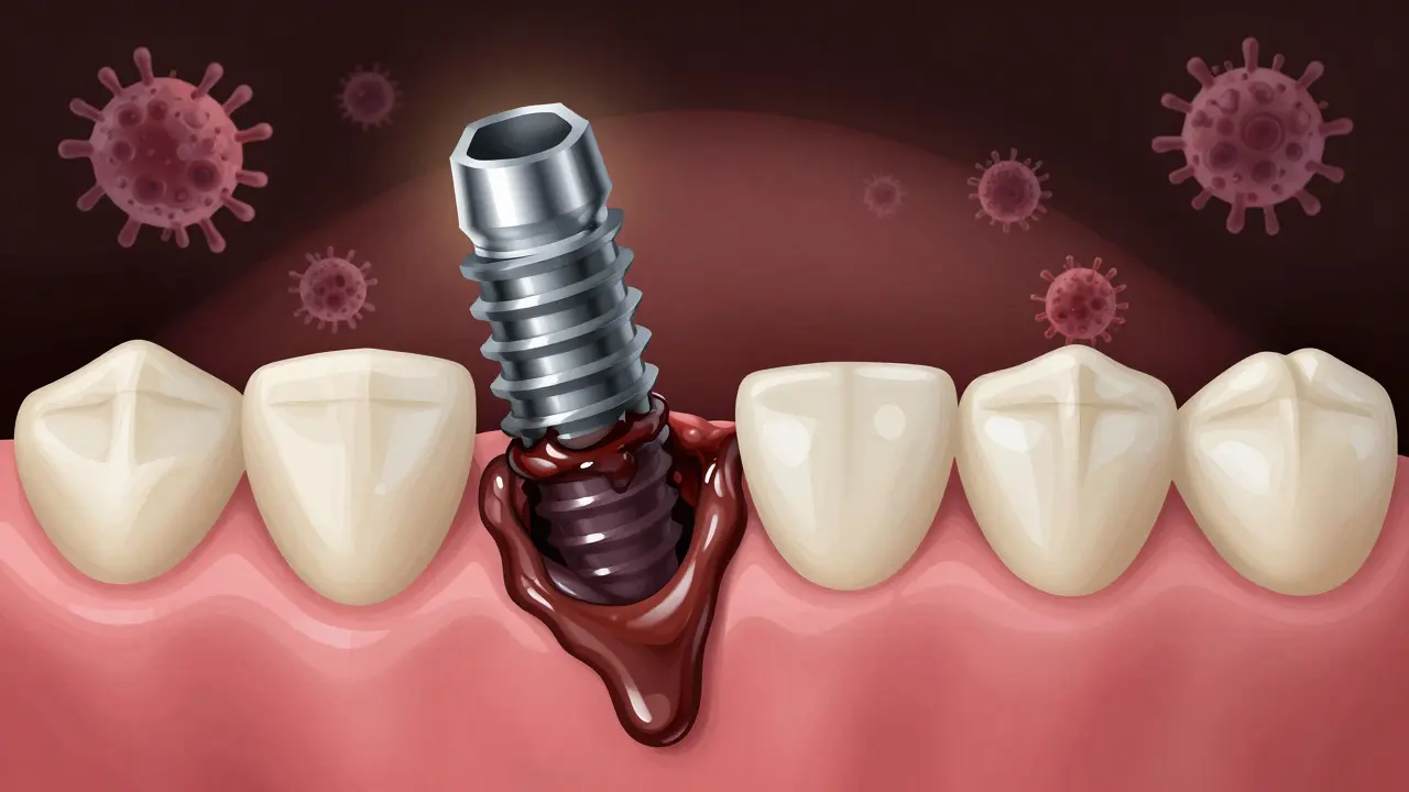 Křížový řez implantátu s zdravými dásněmi a nebezpečným nárostem plaku.