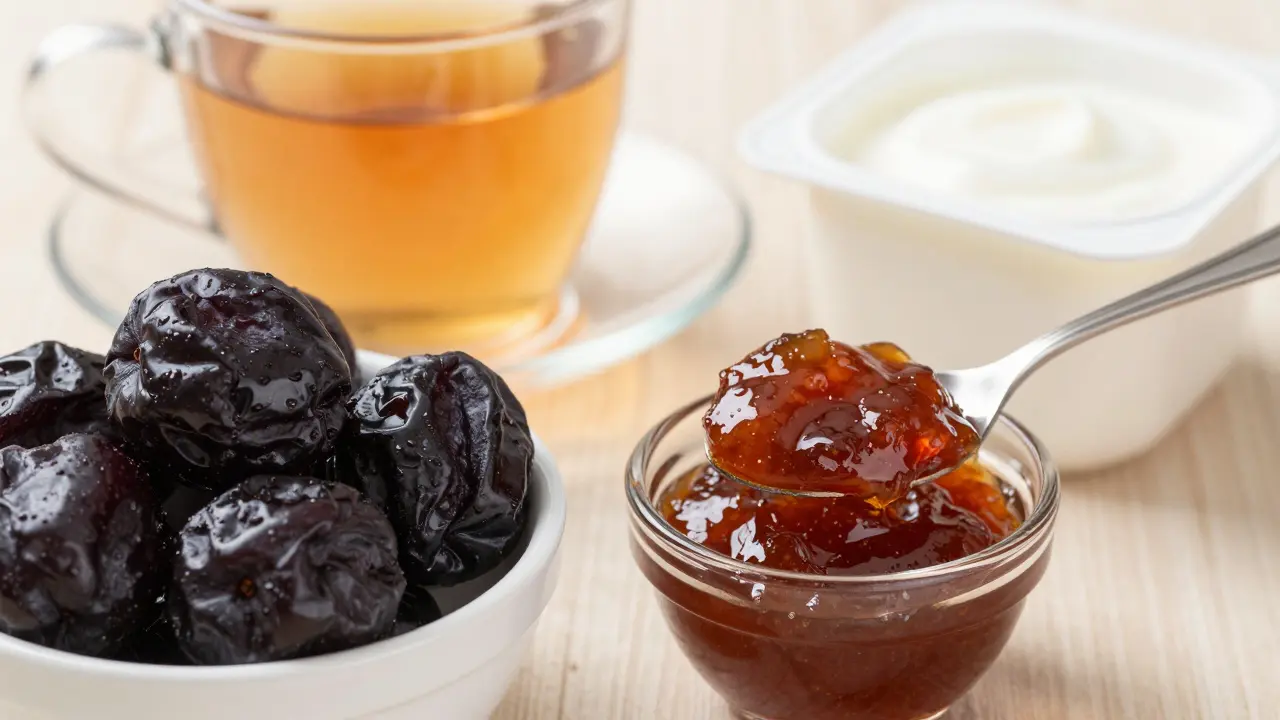 Mísa švestek, švestkový džem, jogurt a bylinný čaj na stole přirozeným světlem.