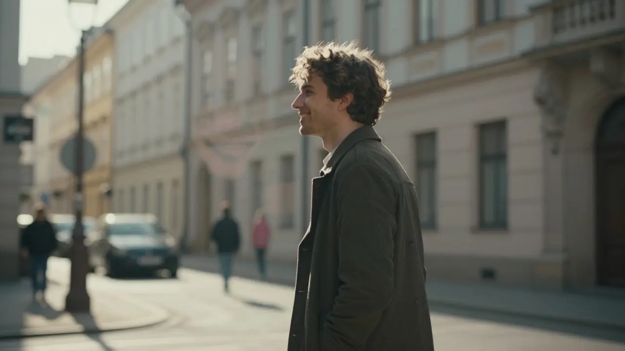 Muž kráčí ulicí Olomouce s přirozeně leskoucí se úsměvem.