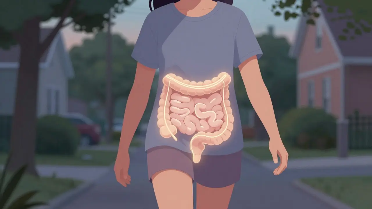 Osoba se prochází ve večerní atmosféře, symbolické linie ukazují pohyb střev.