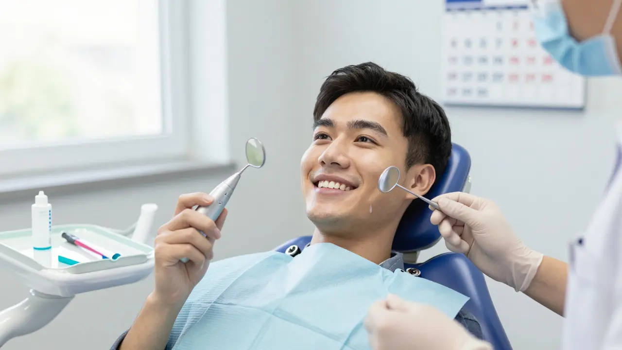 Pacient se usmívá po léčbě kariesu s dentistou a fluoridovým gelem na stolku.