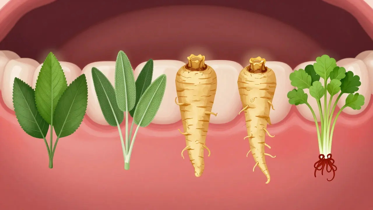 Pět bylin — čajový strom, šalvěj, řepík, černý křen a řeřiška — znázorněny jako přírodní symboly v blízkosti zdravých a zánětlivých dásní.