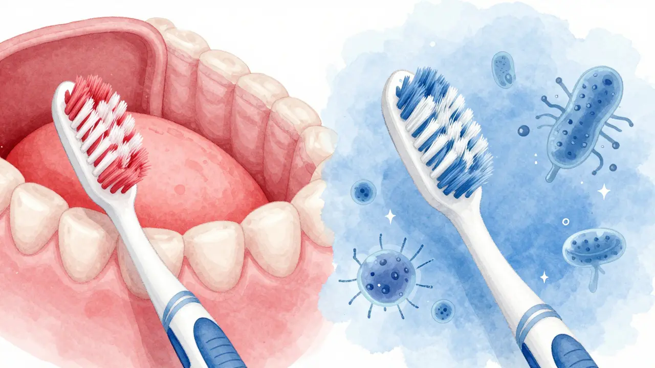 Porovnání kartáčku s tvrdými štětinami a Curaprox s jemnými kruhovými štětinami na dásních.