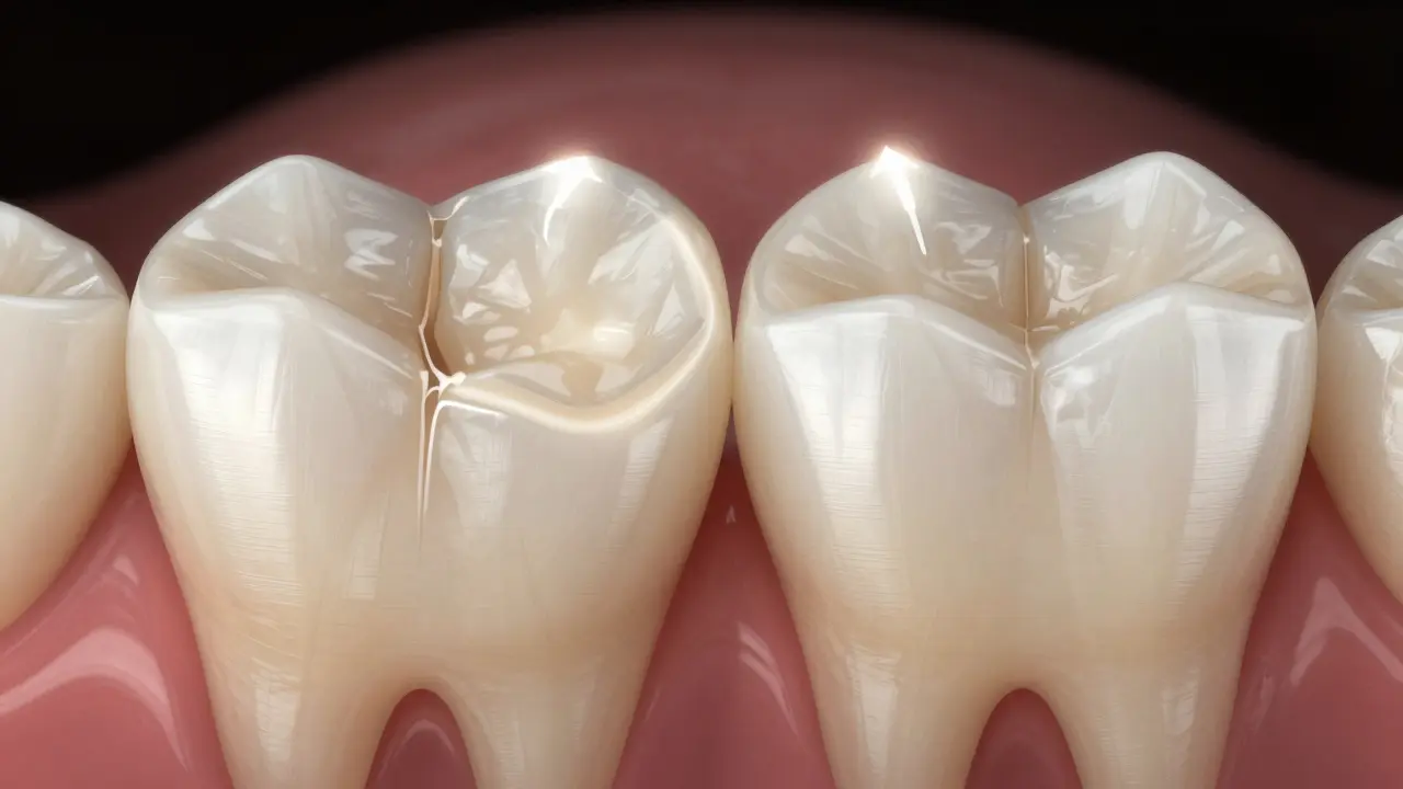 Porovnání poškozeného zubu a zubu obnoveného keramickou onlay s vyznačenými obnovenými konturami.