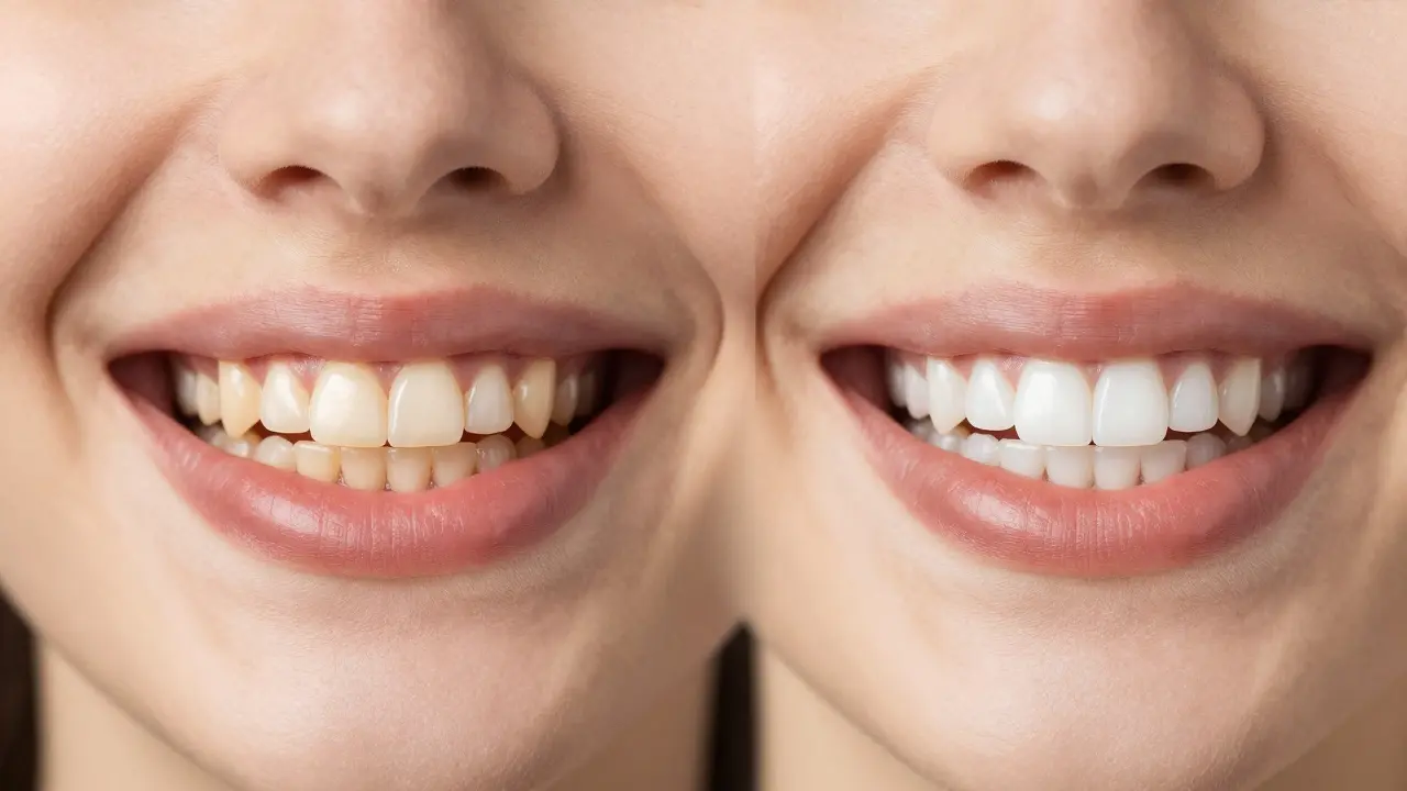 Před a po efekty bělení zubů na úsměvu