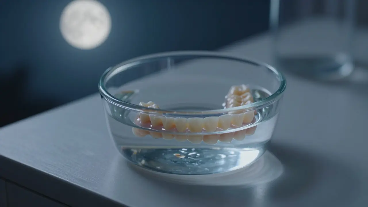 Protéza v nádobě s vodou pro přes nocní hydrataci