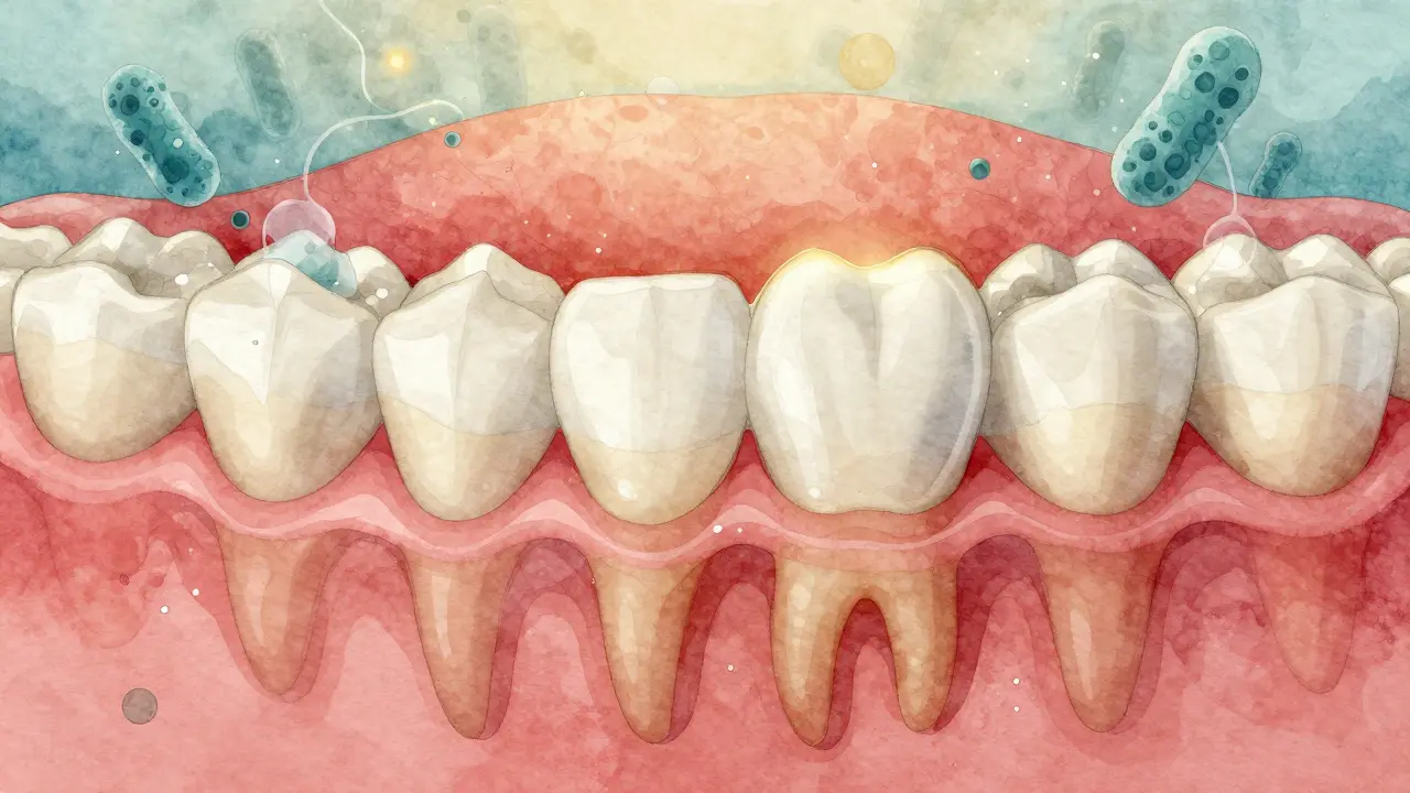 Průřez zubů a dásní s postupným tvorou zubního kamene pod dásní.