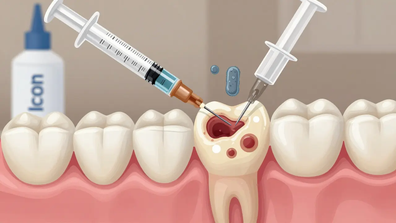 Průřez zubu pod rovnátkem s kyselinou rozrušující sklovinu a infiltrační látkou zastavující karies.