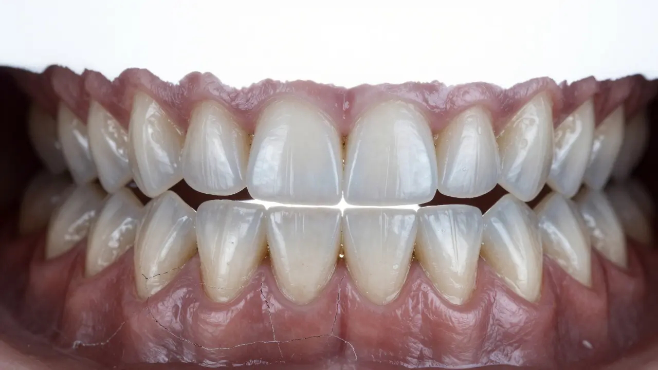 Půlka zubu s opotřebovaným emailem a půlka s lesklými veneery, výrazný kontrast.