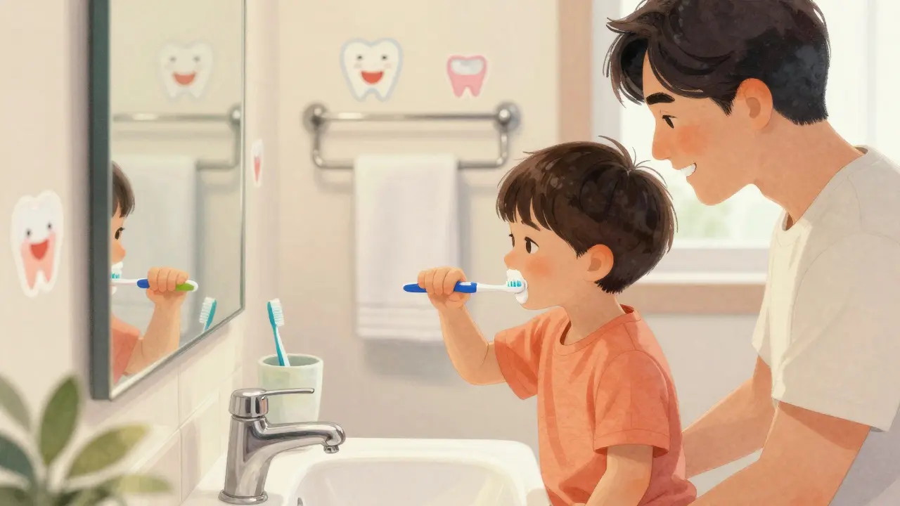 Rodič a dítě společně čistí zuby v koupelně, oba se v zrcadle usmívají.