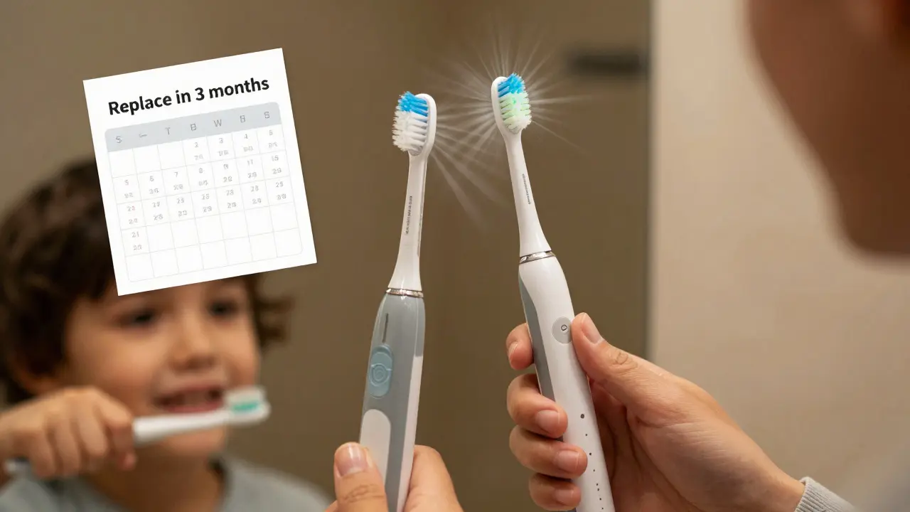 Rodina čistí zuby, jeden kartáček je špinavý, druhý čistý, vedle nich je kalendář s označením výměny.