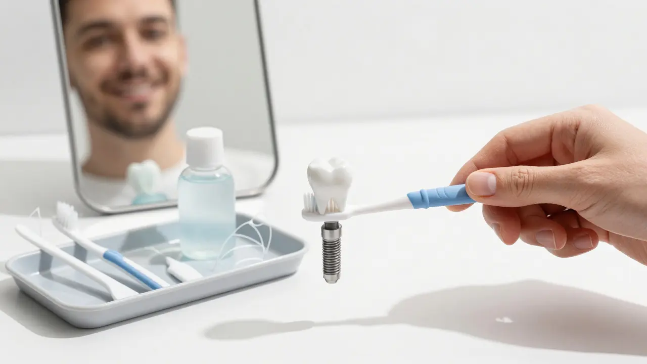 Ruka čistí mezery mezi implantátem a zubem interdentalním kartáčkem.